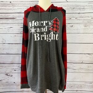 Boutique ‘Merry and Bright’ Plaid Sleeve Hoodie Size Large
